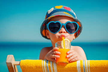 Asian boy on the beach. Blue sunglasses. Hat. Sitting on a yellow chair and drinking a fruit cocktail. Feeling of well-being, relaxation, happiness.