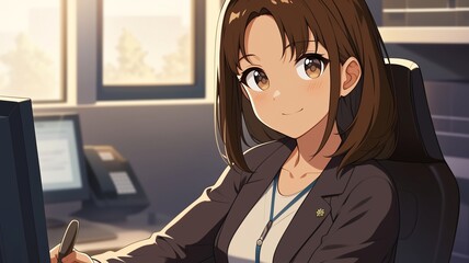 オフィスで仕事をするアニメ調の日本人美少女