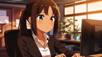 オフィスで仕事をするアニメ調の日本人美少女