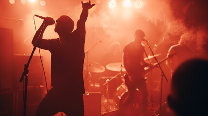 Fototapeta premium Band performs live on stage with red lighting and heavy smoke creating a dramatic atmosphere