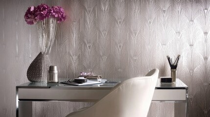 Elegant interior design featuring a modern desk and decorative wall.