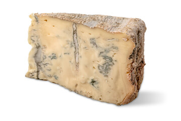 Slice of gorgonzola cheese, typical Italian blue cheese isolated on white with clipping path included