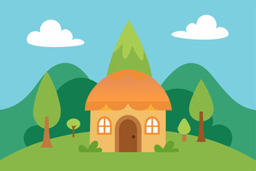 Fototapeta premium fairy cottage in enchanted hills vector illustration background