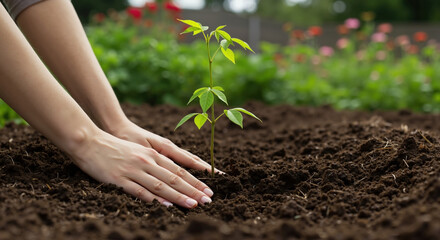 Hands gently planting young seedling in rich soil with colorful flower garden in background. Person nurturing small green plant with fresh leaves. Environmental conservation and gardening.