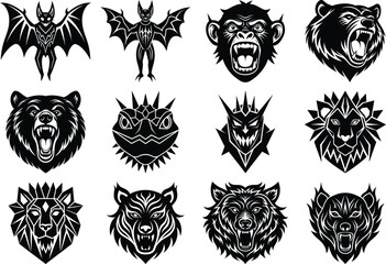 Obraz premium Tribal Animal and Human Face Vector Silhouette Set – Wild Mask Bundle for Dark Design Themes.