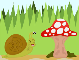Snail and Mushroom in Cartoon Forest Scene Vector