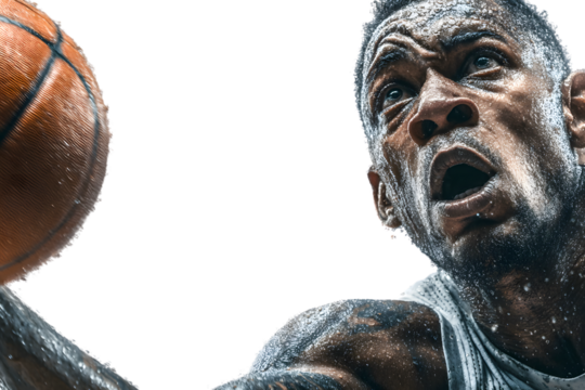 Closeup of a sweating athlete with a basketball