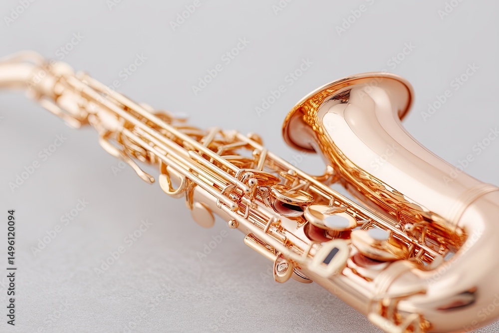 Poster close-up of minimalist jazz saxophone with smooth curves elegant lines and ample copy space
