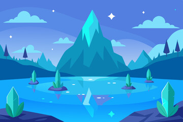 crystal lake with magical creatures UHD vector illustration background