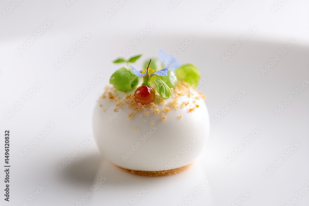 Poster close-up of exquisite dessert plated with minimalistic design isolated on plain background