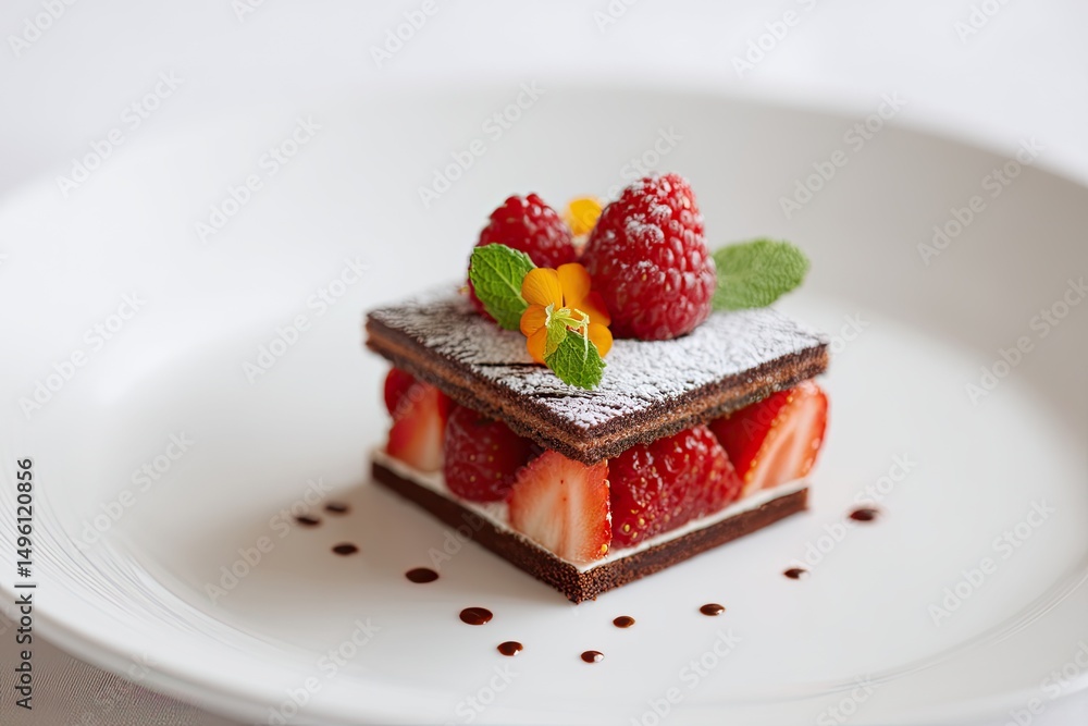 Poster close-up of exquisite dessert plated with minimalistic design isolated on plain background