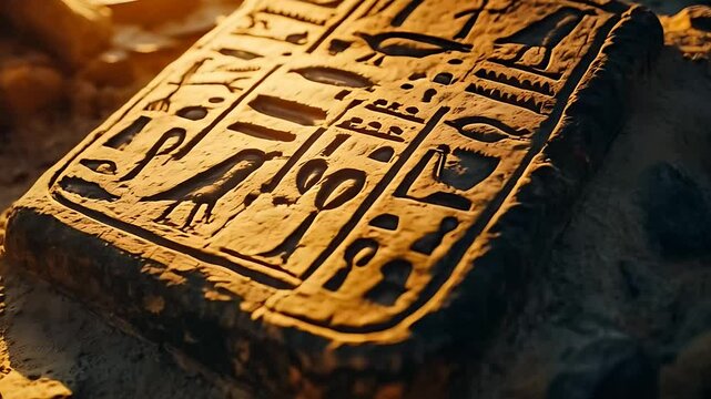Close-Up of Ancient Egyptian Hieroglyphic Tablet &ndash; Archaeology Footage