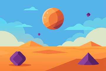 Floating shapes in mystic desert abstract ethereal forms vector illustration background