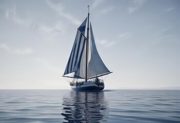 Fototapeta premium Classic blue and white nautical stripes, sailboat silhouette , yacht, waves