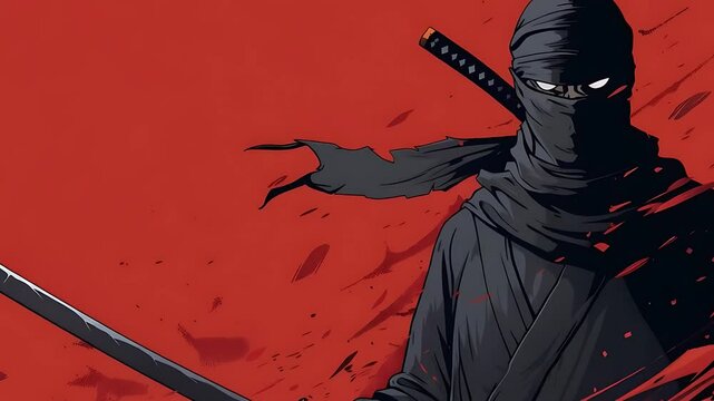 Stylized Ninja Warrior with Katana on Red Background