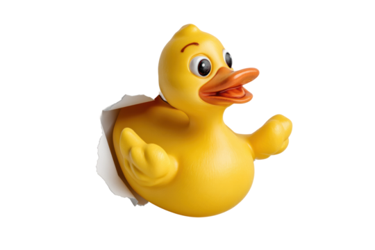 PNG Yellow rubber duck breaking through paper wall in playful scene