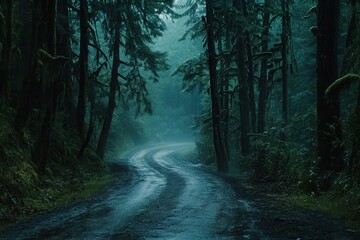 Mystical Forest Road in the Rain