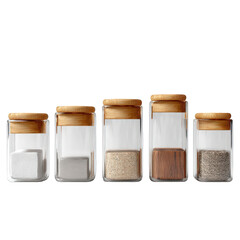 Five glass jars with wooden lids containing different materials isolated on a transparent background