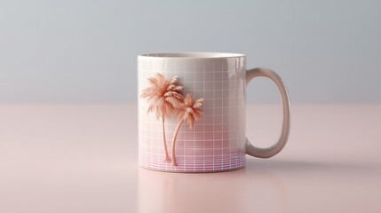 Retro wave mug with palm trees design against pastel background for home decor
