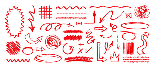 Underline crayon set. Hand drawn line arrow. Red underline mark. Brush, marker, pencil, crayon hand drawn note highlight. Painting emphasis, check by red pen, chalk, pastel. Doodle line, circle. arrow