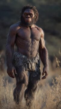 Homo erectus exhibits natural behavior in a prehistoric setting, showing strength and adaptation in the wild