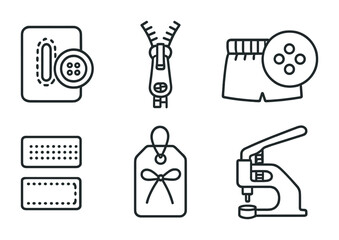 Line style icons of button and closure techniques: hand-sewn buttonhole, zipper and pull sketch, hook and bar icon, snap fastener symbol, Velcro strip card, tie closure tag, elastic waistband loop,