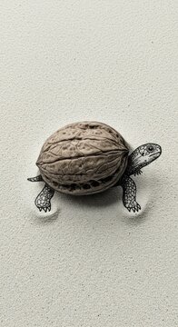 Illustrative turtle with walnut shell on textured surface