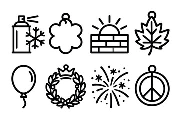 Line style icons of seasonal and event tags: snowflake + spray icon, spring bloom shape tag, summer sunshine over wall, fall leaf in throw-up style, birthday graffiti balloon, holiday wreath with
