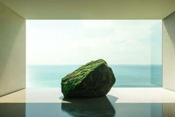 Plakat A moss-covered rock rests in a minimalist room overlooking a tranquil ocean.
