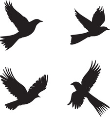 This artwork is digitally enhanced using AI and manually edited for quality. Flying Bird Silhouettes - Set of Four Black Bird Illustrations in Flight.