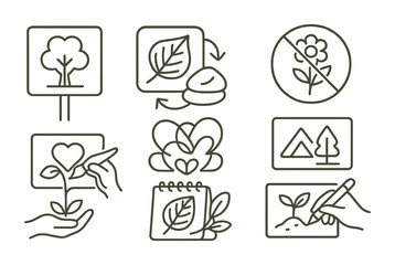 Line style icons of environmental care through art: &ldquo;thank you, tree&rdquo; sign, reused leaf print, don&rsquo;t pick flower badge, natural pigment with stone, leave-no-trace poster, &ldquo;give back with art&rdquo; symbol,