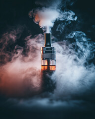 Vape device surrounded by colorful vapor on dark background