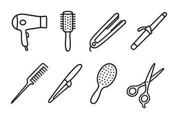Line style icons of hair styling tools: hairdryer, round brush, flat iron, curling wand, teasing comb, sectioning clip, detangling brush, styling scissors.