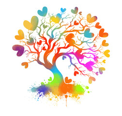 colored Tree with hearts and blots. print on T-shirt. hand drawing. Not AI. Happy Valentine's Day. Vector illustration.