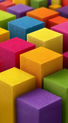 Obraz premium Shiny metallic colorful cubes form an abstract 3D geometric pattern, symbolizing modernity, innovation, structure, complexity, and vibrant energy in a sleek futuristic design. 