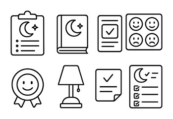 Line style icons of evening reflection rituals: nighttime mood log, moon + journal combo, wind-down review card, bedtime feelings tracker, end of day calm badge, soft lamp icon, “what went well” note