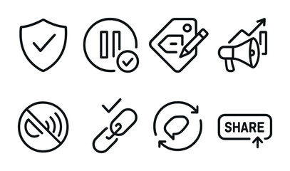 Fototapeta premium Line style icons of responsible sharing: verify before share badge, “pause and check” icon, share with note tag, amplify facts symbol, signal not noise badge, chain of trust icon, mindful repost