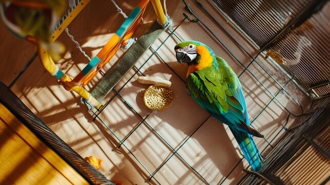 Top down image of a blue fronted Amazon parrot resting inside a corner cage with colorful swings a cuttlebone and fresh seeds lively indoor bird pet scene cut out on isolated transparent background