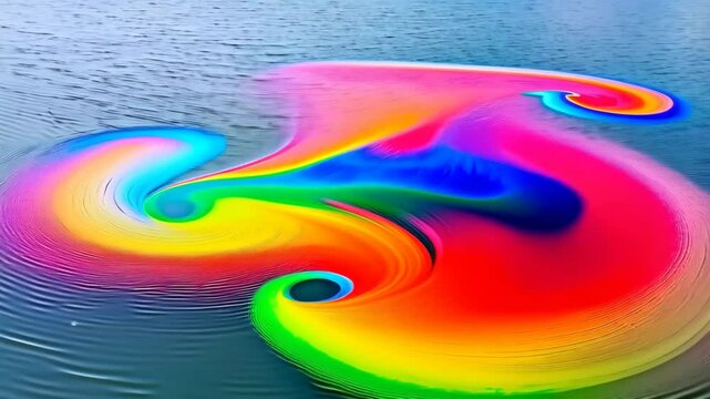 Vivid spectrum of rainbow colors swirls on the water surface, forming multiple spirals and concentric rings, creating a vibrant and dynamic effect. The water appears calm and reflective.
