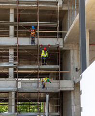 Construction workers collaborate on building framework in urban site
