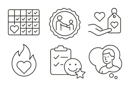 Line style icons of habit of goodness: daily kindness tracker, help someone today badge, small good deed icon, give without ask tag, kind action streak symbol, checklist of joy, &ldquo;make someone smile&rdquo;
