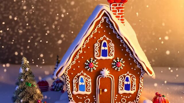 Enchanting gingerbread house with snowy roof and adorned with candy accents in winter wonderland setting and falling snowflakes