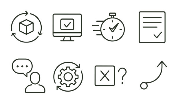 Line style icons of lean startup process: build-measure-learn loop, MVP icon, fast testing badge, validated learning sheet, customer discovery call, rapid iteration wheel, assumption test, pivot
