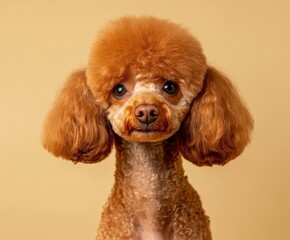 Poodle on beige background, pet in studio with space for text.
