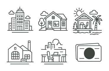 Fototapeta premium Line style icons of coworking locations: city cowork tower, suburban house cowork icon, nature-themed hub, beachfront cowork shack, warehouse-turned-office symbol, rooftop cowork view, cozy small