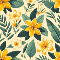 Seamless Tropical Floral Pattern with Yellow and White Plumeria on Leafy Background. for summer wrapping paper, textile prints