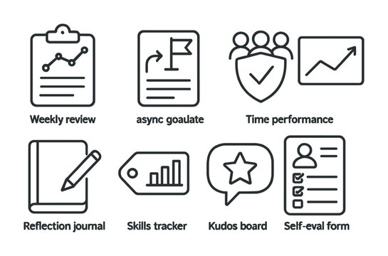 Line style icons of performance tracking remote: weekly review form, async goal update, team performance badge, time on task graph, reflection journal icon, skills tracker tag, kudos board bubble,