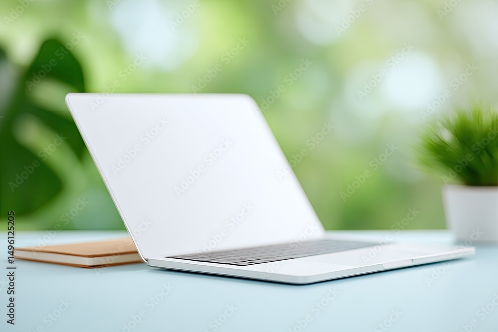 Poster minimalistic desk setup in modern coworking space featuring sleek laptop and notepad bathed in soft 