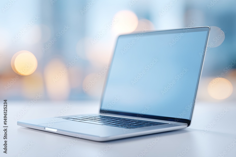 Aufkleber minimalistic desk setup in modern coworking space featuring sleek laptop and notepad bathed in soft 