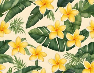 Obraz premium Seamless Tropical Floral Pattern with Yellow and White Plumeria on Leafy Background. for summer wrapping paper, textile prints